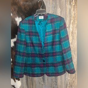 Beautiful and bright turquoise blue with dark pink, gold and black plaid blazer